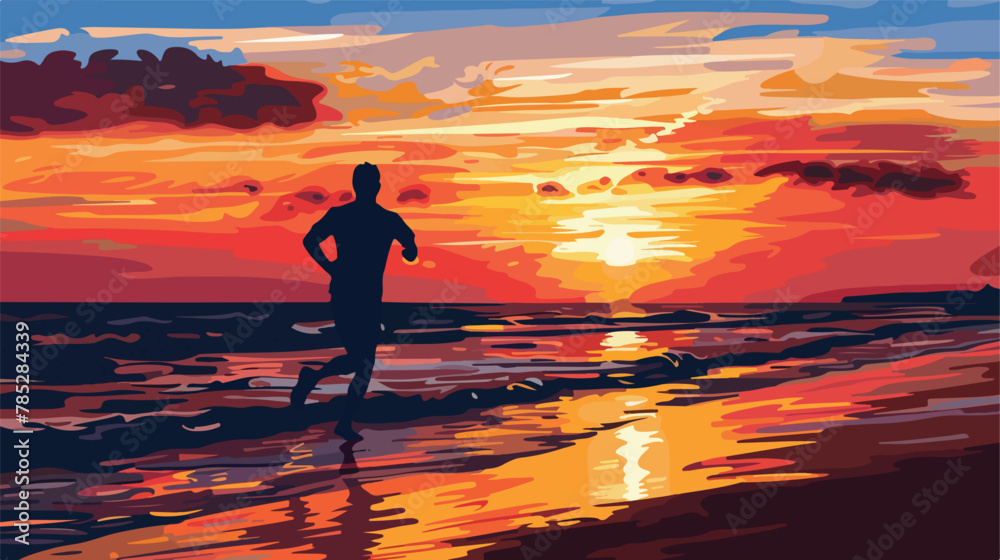 Silhouette of person running along beach at sunset vector