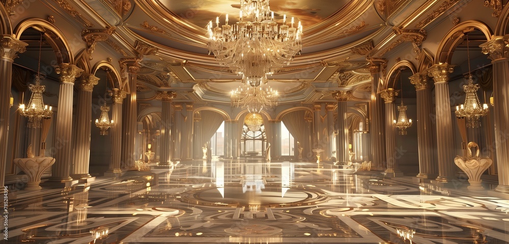 Glittering chandelier enhances the beauty of the polished marble ballroom.