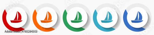 Yacht vector icon set, flat icons for logo design, webdesign and mobile applications, colorful round buttons