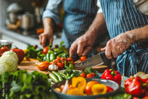 Happy seniors prepare vegan food at home in modern kitchen. Generative AI
