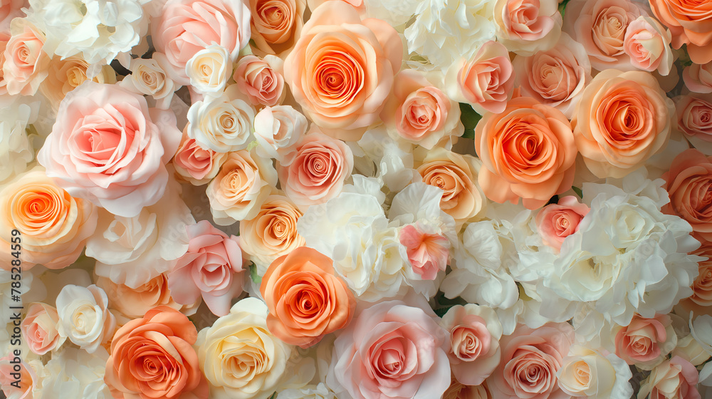 Orange cream and white roses flowers backdrop. Roses wall background for wedding decoration and presentation.