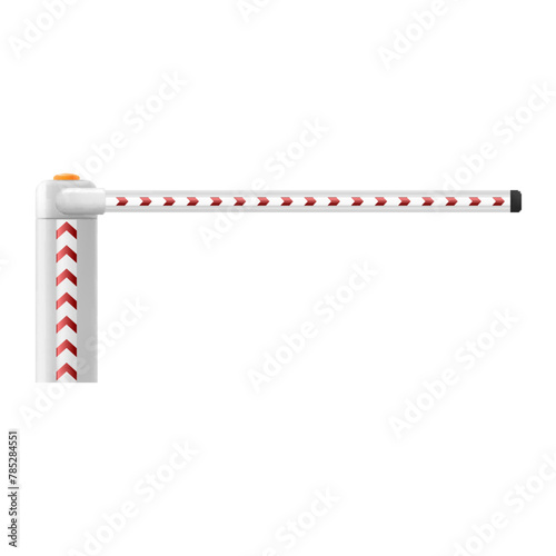 Universal boom barrier. Closed automatic barrier gate for parking of car. Barricade with flashing lamp for security. Border for entrance to park, garage, construction and checkpoint. Realistic Vector.