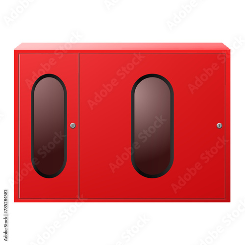 Extinguisher cabinet double door with fire extinguisher, fire hose, fire alarm. Isolated on white background. Realistic 3d vector illustration