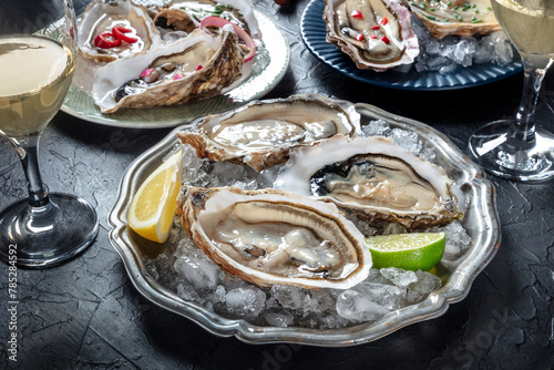 Oysters on ice, with various toppings and white wine, shot on a black slate background
