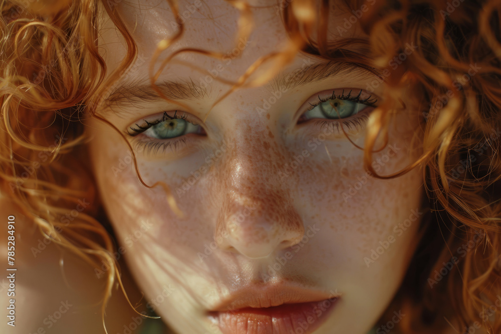 Young woman with curly red hair and sparkling green eyes. Generative AI Young woman with curly red hair and sparkling green eyes. Generative AI