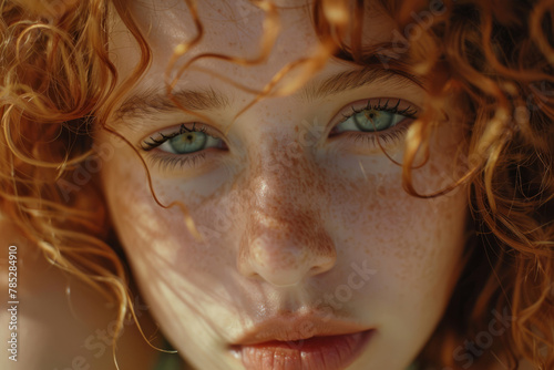 Young woman with curly red hair and sparkling green eyes. Generative AI