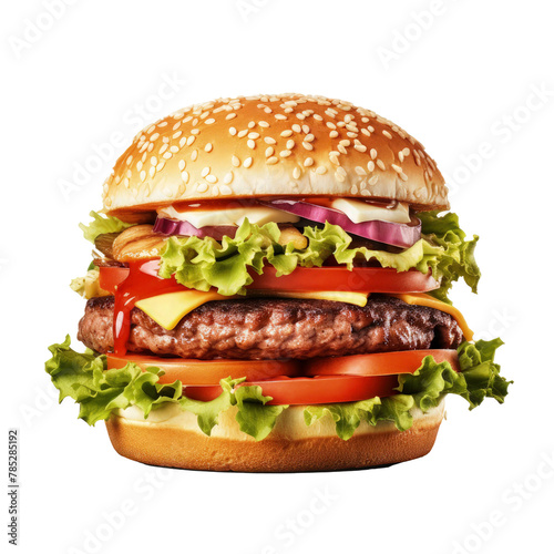 fresh beef burger on transparent background, attractive burger with beef and letus leaf slice and tomato slice