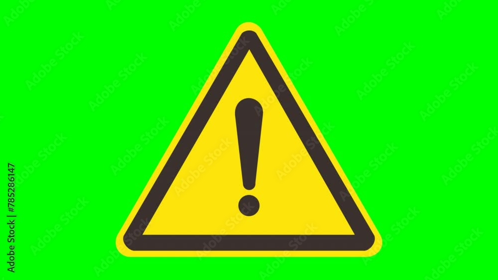 Appearance of yellow and black triangular sign with general danger exclamation mark coming from above on green background, transparent background with alpha channel Appearance of yellow and black triangular sign with general danger exclamation mark coming from above on green background, transparent background with alpha channel