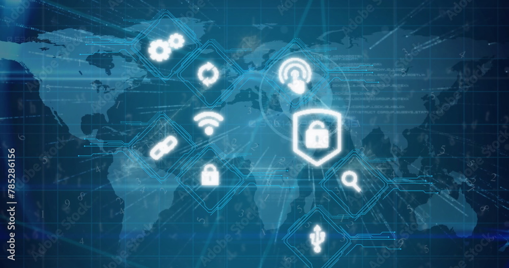 Fototapeta premium Image of multiple digital icons over world map against blue background