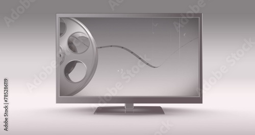 Image of television set with film strip rolling against white background