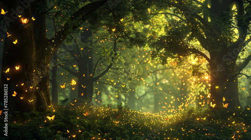 Beautiful forest fantasy world with glowing insects 