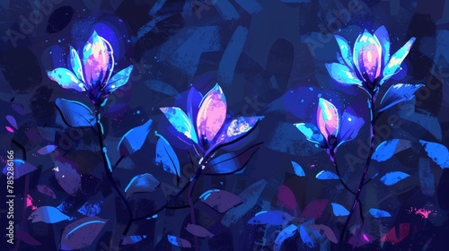  A painting of purple and blue flowers against a dark-blue backdrop, with a splash of paint at the image's bottom