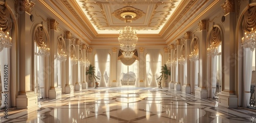 Luxurious ballroom showcases a magnificent chandelier, gleaming on marble surfaces.