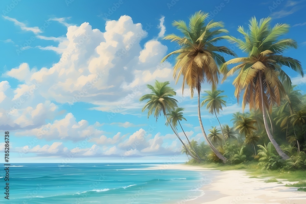 Tropical beach with palm trees and blue sky. 3d rendering