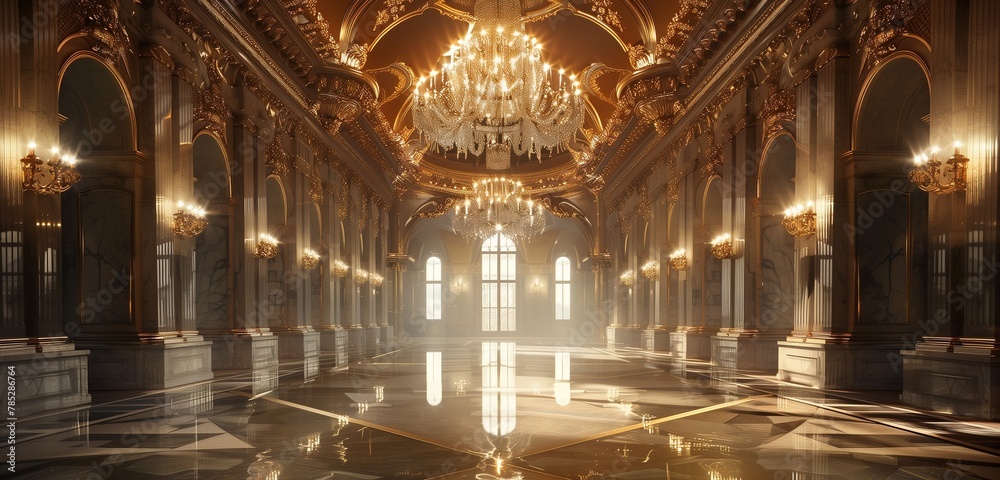 Lavish ballroom features resplendent chandelier, gleaming against polished marble backdrop.