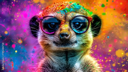  A vibrant image of a meerkat donning sunglasses and adorned with splashes of colorful paint on its face