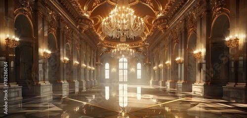 Lavish ballroom features resplendent chandelier  gleaming against polished marble backdrop.