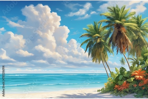 Tropical beach with palm trees and blue sky. 3d rendering