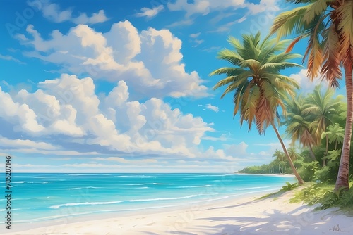 Tropical beach with palm trees and blue sky. 3d rendering