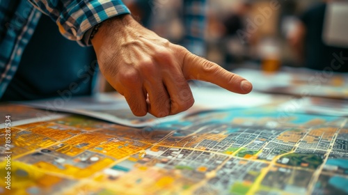 Group of People Gathered Around a Table, Man Pointing at Map in Discussion with Others