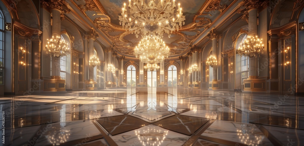 Luxurious ballroom adorned with shimmering chandelier, reflecting off polished marble.