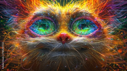   A close-up of a cat's face with radiant light emanating from its eyes