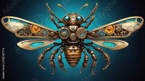 Futuristic steampunk insect, richly decorated with details in copper, gold coloured metal and green, blue glass.