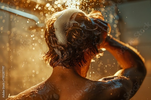 Serene Man Washing Hair in Golden Light Shower. Generative ai
