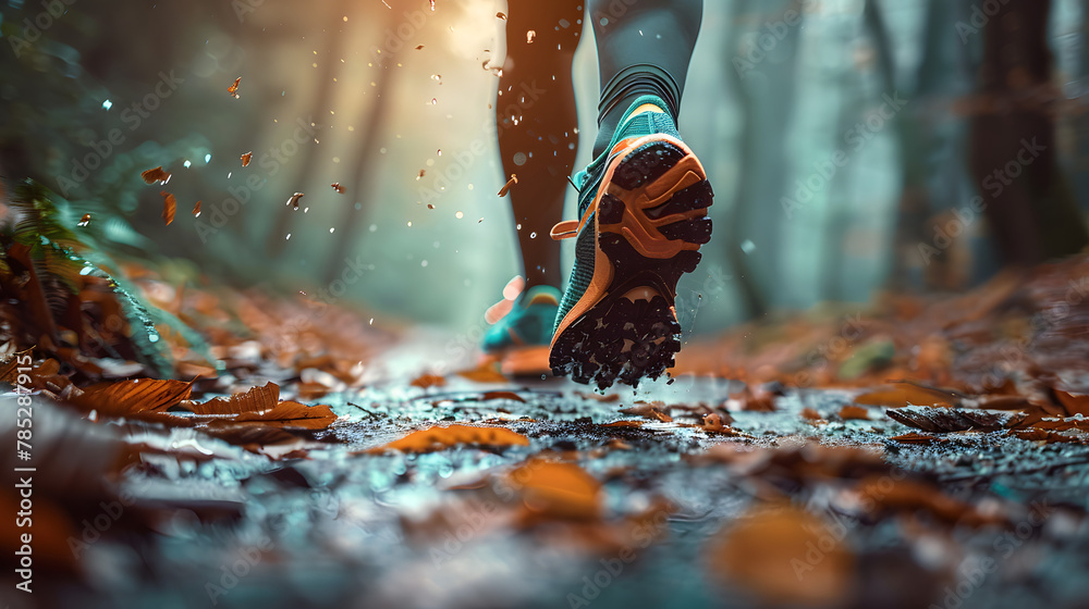 Obraz premium Lady trail runner walking on forest path with close up of trail running shoes. The runner in motion, with one foot lifted off the ground and the other firmly planted on the forest path.