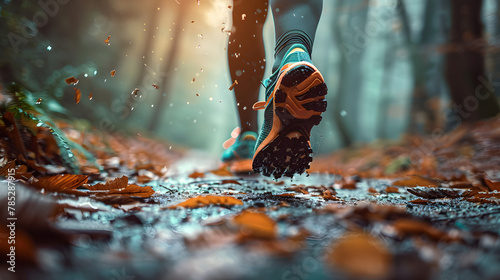 Lady trail runner walking on forest path with close up of trail running shoes. The runner in motion, with one foot lifted off the ground and the other firmly planted on the forest path. © Prasanth