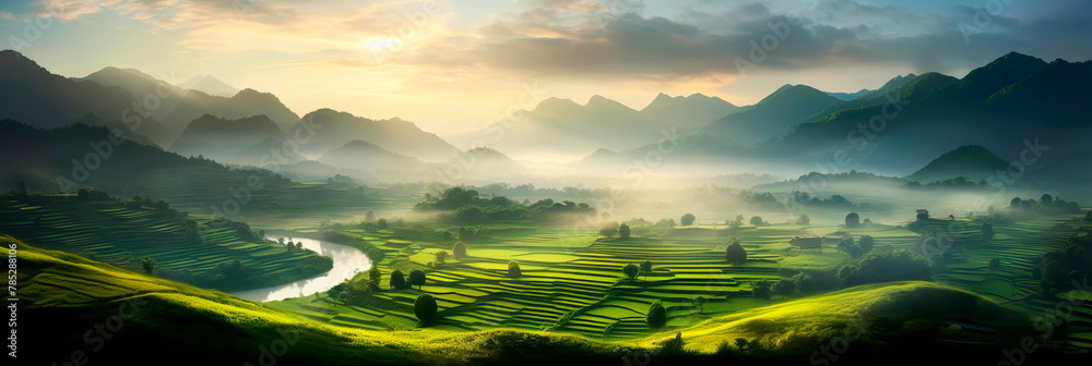 Countryside with charming villages, meandering streams, and fields bathed in sunlight. Countryside with charming villages, meandering streams, and fields bathed in sunlight.