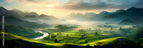 Countryside with charming villages  meandering streams  and fields bathed in sunlight.