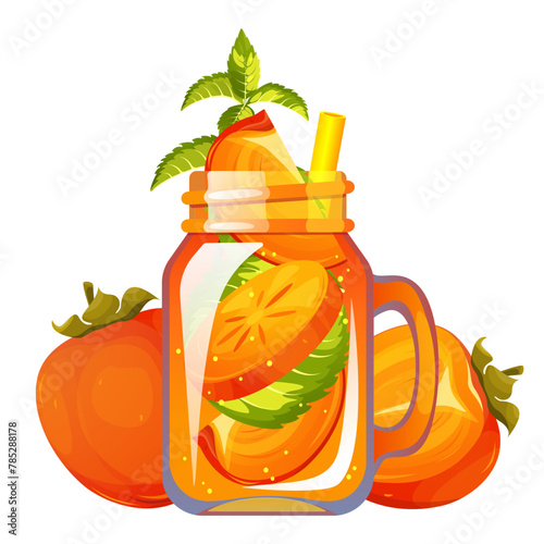 Cocktail with persimmon. Refreshing drink in a jar with persimmon. Summer juice with persimmon. Smoothie with fresh fruit. Lemonade with persimmon. Vector illustration.