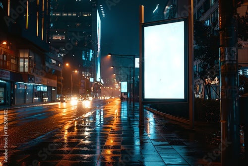 A street advertisement bus stop mockup theme features a blank white vertical digital billboard poster on a city street bus stop sign at night, Generative AI.