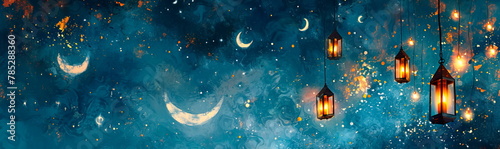 dreamy watercolor starry night sky with crescent moon, floating lanterns