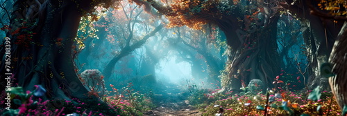 enchanted watercolor forest with fairy-tale creatures, wise old trees, playful spirits.
