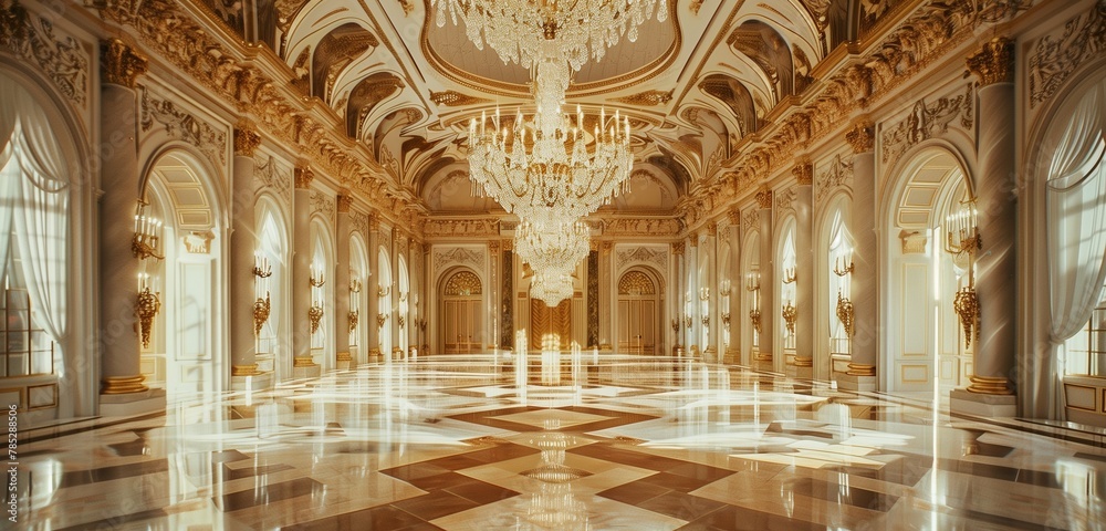 Magnificent chandelier shines in luxurious ballroom, accentuating its polished marble beauty.
