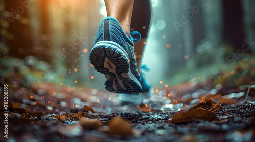 Lady trail runner walking on forest path with close up of trail running shoes. The runner in motion, with one foot lifted off the ground and the other firmly planted on the forest path.