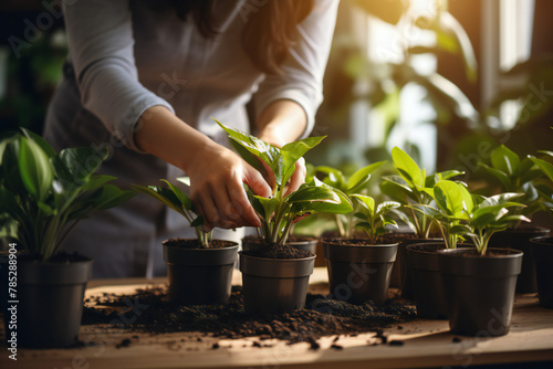 woman planting a plant. Person gardener hand replanting home green plants. Transplanting a houseplant into a new flower pot. gardening. Taking care of home plants, watering plants