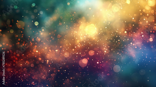 Magical fairy dust light particles colorful background. Celebration bokeh background.