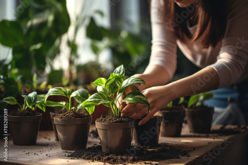 woman planting a plant. Person gardener hand replanting home green plants. Transplanting a houseplant into a new flower pot. gardening. Taking care of home plants, watering plants photo