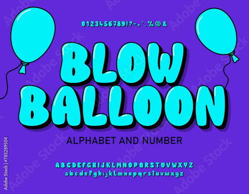 Bubble font with upper and lower case letters, numbers and symbols. Cute airy turquoise glossy cartoon alphabet. Funny Typeset in 3d Y2k style. Vector bubble gum alphabet. © Pro_Vector