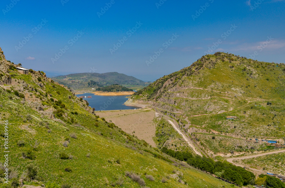 Kestel Dam and reservoir scenic view from Pergamon hill (Bergama, Izmir province, Turkey) 