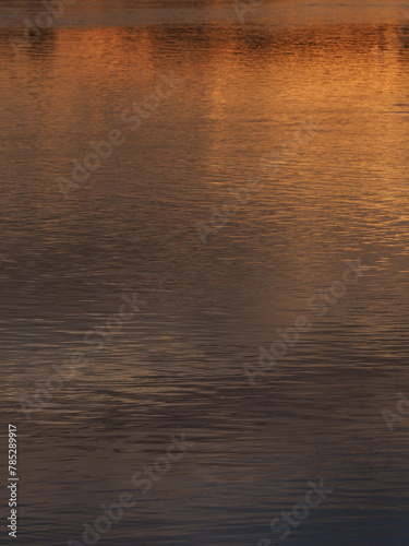 Reflection of golden sun set in Rhine River near Stein am Rhein in Switzerland - vertical