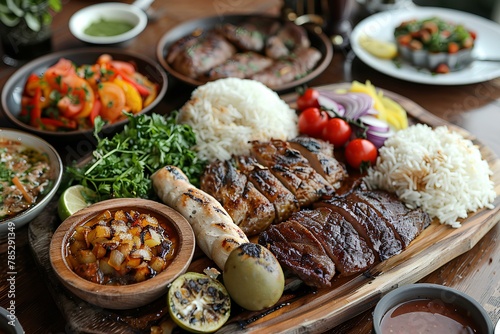 A wooden tray topped with meat and vegetables next to sauces and sauces on a table top next to a
