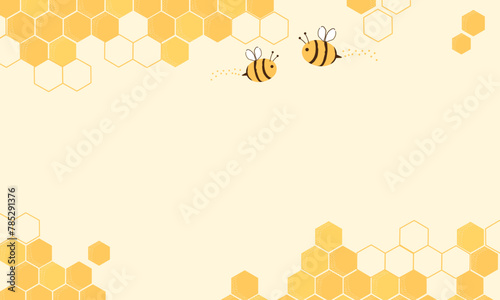 Beehive honey sign with hexagon grid cells and bee cartoons on yellow background vector. © Thanawat