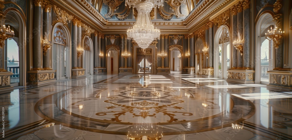 Pristine marble floor gleams under majestic chandelier in extravagant ballroom.