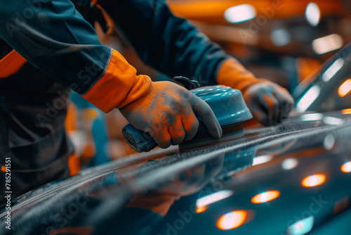 A worker polishes a car with a polisher