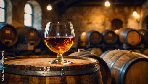A glass of cognac stands on an oak barrel in a traditional cellar with rows of wine barrels in the background

