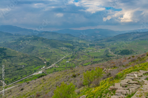 scenic view of Bergama Kozak road and valley from arsenal ruins in Pergamon acropolis (Izmir province, Turkiye)